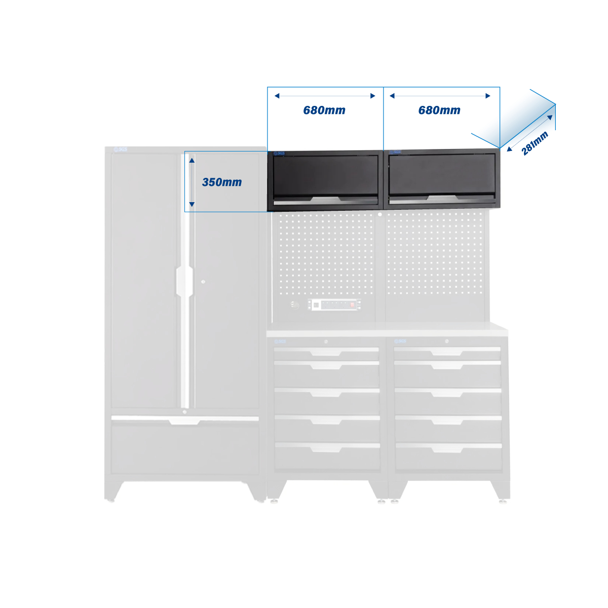 SGS 7pc Modular Garage Storage | 10 Drawers | Stainless Steel Worktop | 2x Upper Cabinets | Tall Double Cabinet | Tall Double Cabinet with Drawer | Pegboard with Power Strip